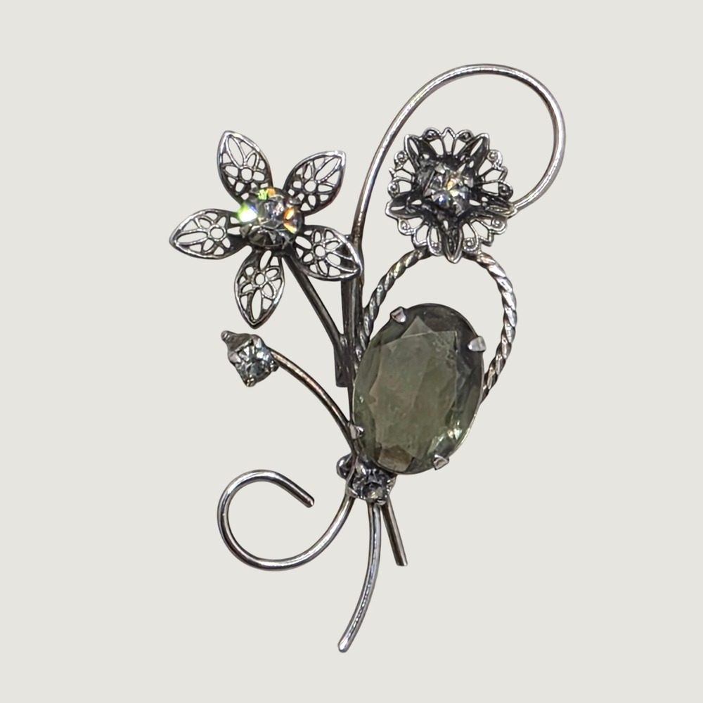 Vintage Floral Spray Brooch Smoky Olive Glass Rhinestone Hollywood Regency
